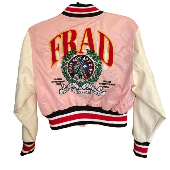 First Row Pen & Brush Cropped Varsity Jacket Pink White Patches Sz S - Picture 5 of 12